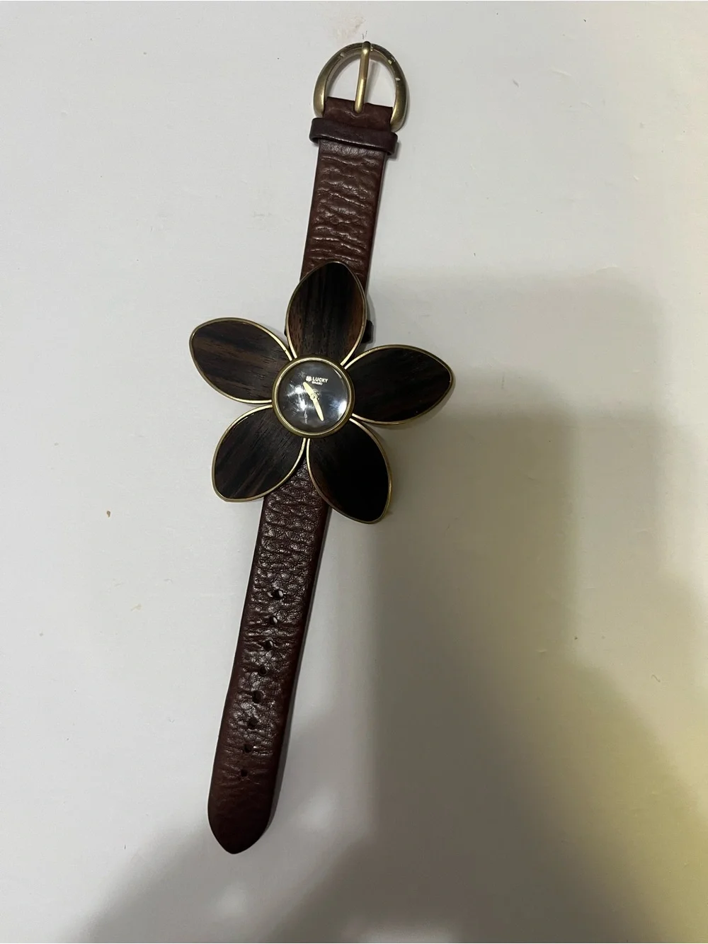 Vintage y2k era cuffLucky Brand Brown Floral Leather Strap Watch with Petal Dial